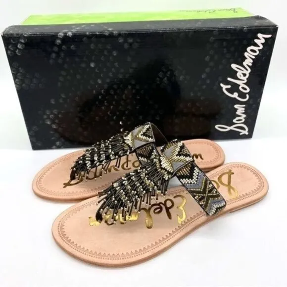 Sam Edelman Anella Beaded Fringe Flat Leather Sandals
