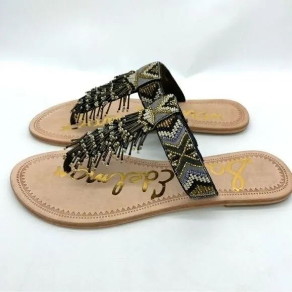 Sam Edelman Anella Beaded Fringe Flat Leather Sandals