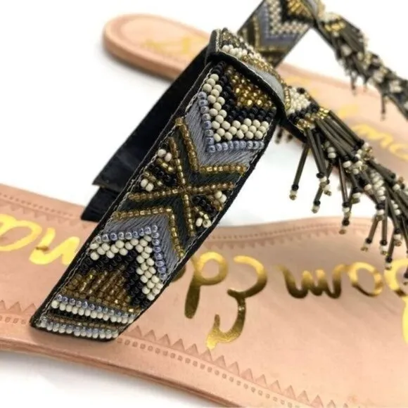 Sam Edelman Anella Beaded Fringe Flat Leather Sandals