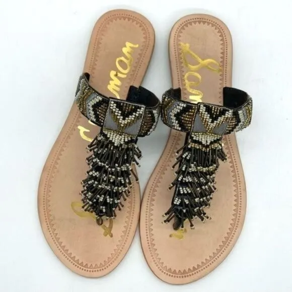 Sam Edelman Anella Beaded Fringe Flat Leather Sandals
