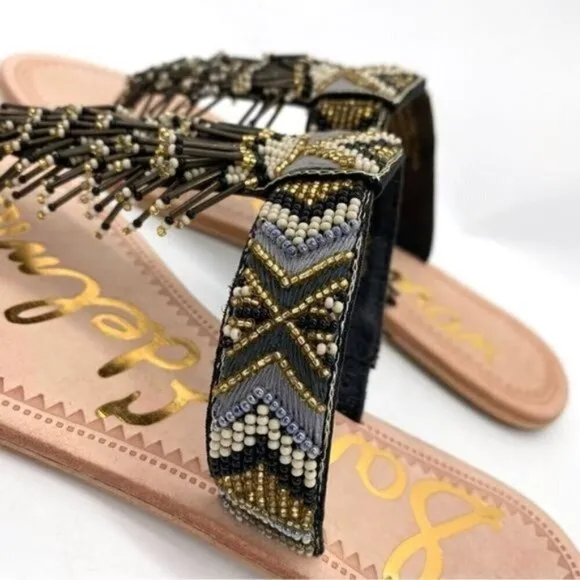 Sam Edelman Anella Beaded Fringe Flat Leather Sandals