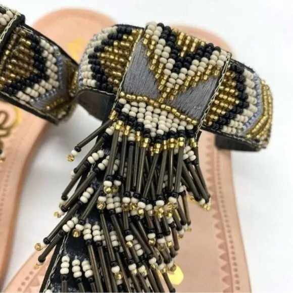 Sam Edelman Anella Beaded Fringe Flat Leather Sandals