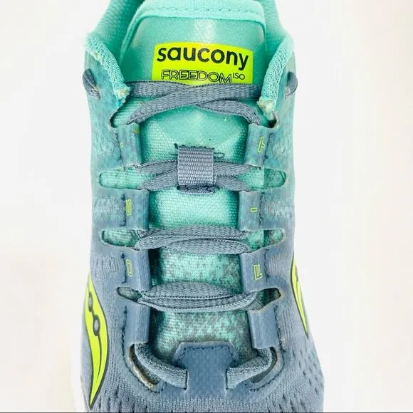 SAUCONY EVERUN FREEDOM ISO FIT GREEN &amp; GRAY RUNNING SHOES ATHLEISURE SNEAKERS
