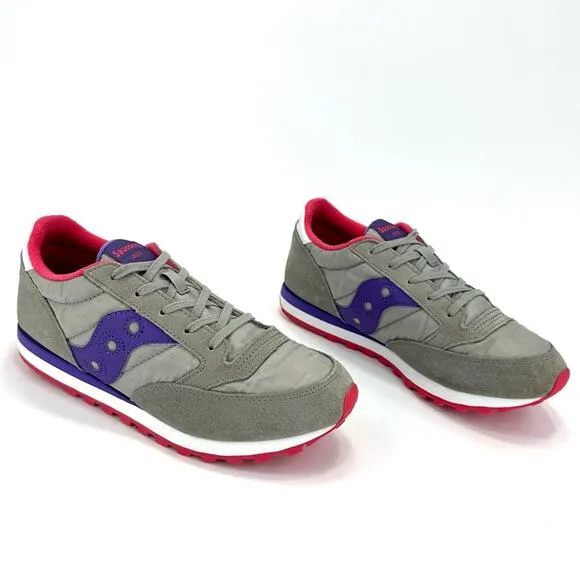 SAUCONY JAZZ ORIGINAL GRAY PURPLE PINK &amp; WHITE SUEDE LEATHER ATHLEISURE SNEAKERS