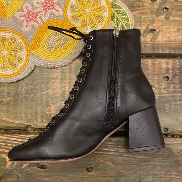 Schutz Black Leather Kika Lace-Up side Zipper Ankle Boots