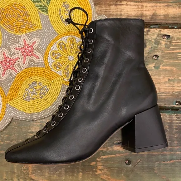 Schutz Black Leather Kika Lace-Up side Zipper Ankle Boots