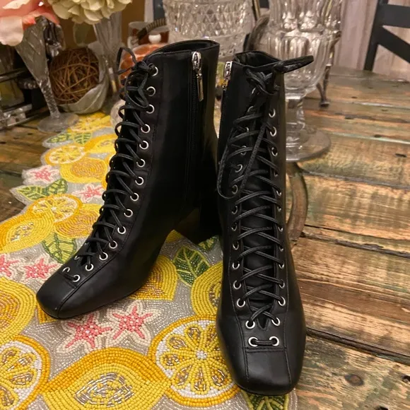 Schutz Black Leather Kika Lace-Up side Zipper Ankle Boots