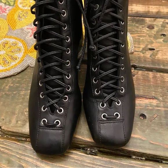 Schutz Black Leather Kika Lace-Up side Zipper Ankle Boots