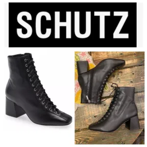 Schutz Black Leather Kika Lace-Up side Zipper Ankle Boots
