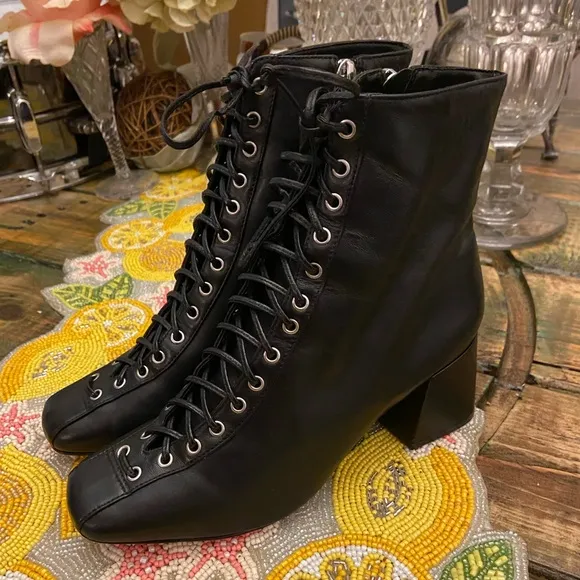 Schutz Black Leather Kika Lace-Up side Zipper Ankle Boots