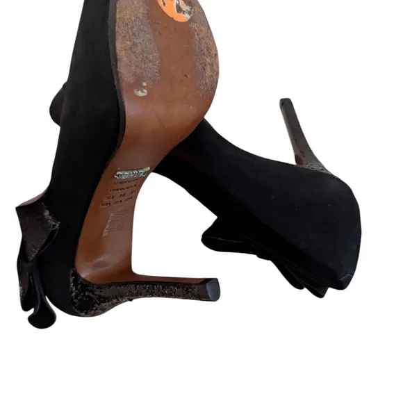 Schutz, Black Peep-Toe Heels with Bow and Sequins, Size 5
