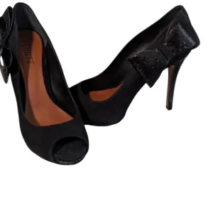 Schutz, Black Peep-Toe Heels with Bow and Sequins, Size 5
