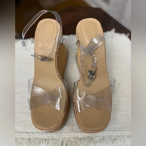 Schutz Caryne Platform Wedge Sandals Size 10.5 B Transparent Strap Boho Chic EUC
