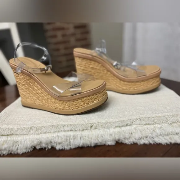 Schutz Caryne Platform Wedge Sandals Size 10.5 B Transparent Strap Boho Chic EUC