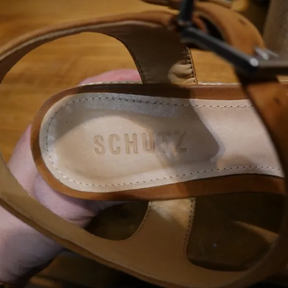 SCHUTZ Cognac Nubuck Platform Sandals with Woven Covered Cut-out Wedge, 6½