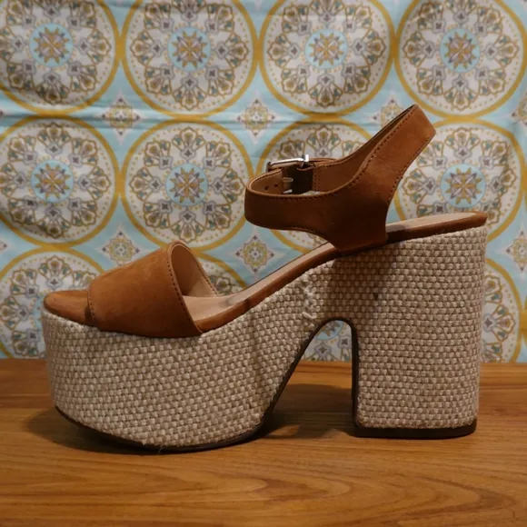 SCHUTZ Cognac Nubuck Platform Sandals with Woven Covered Cut-out Wedge, 6½