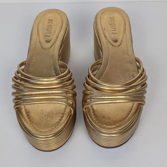 Schutz Gold Leather Platform Sandals 8.5