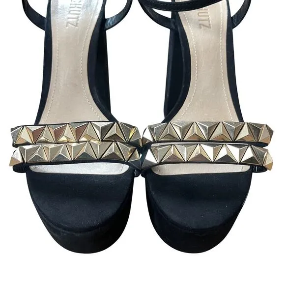 SCHUTZ Nedy Black Suede Gold Stud Chunky Platform Heel Sandals Size 9