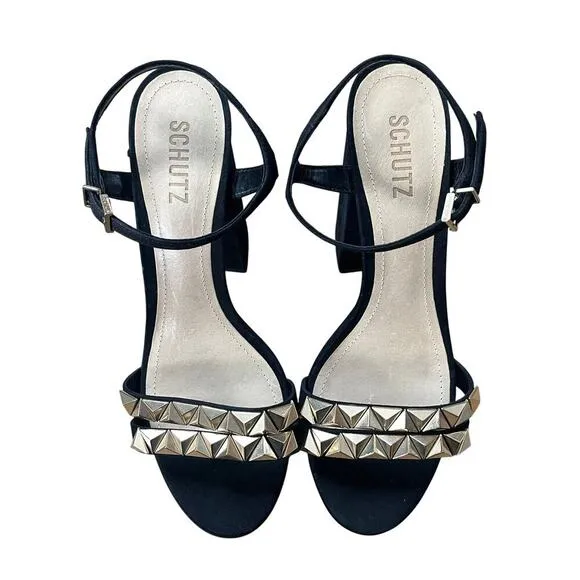 SCHUTZ Nedy Black Suede Gold Stud Chunky Platform Heel Sandals Size 9