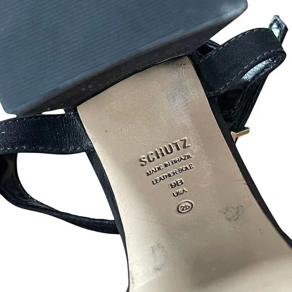 SCHUTZ Nedy Black Suede Gold Stud Chunky Platform Heel Sandals Size 9