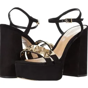 SCHUTZ Nedy Black Suede Gold Stud Chunky Platform Heel Sandals Size 9