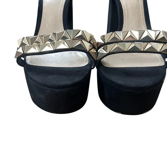 SCHUTZ Nedy Black Suede Gold Stud Chunky Platform Heel Sandals Size 9