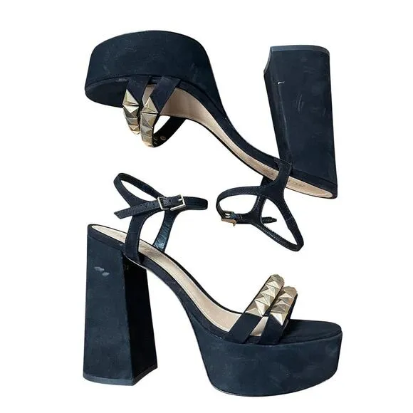 SCHUTZ Nedy Black Suede Gold Stud Chunky Platform Heel Sandals Size 9