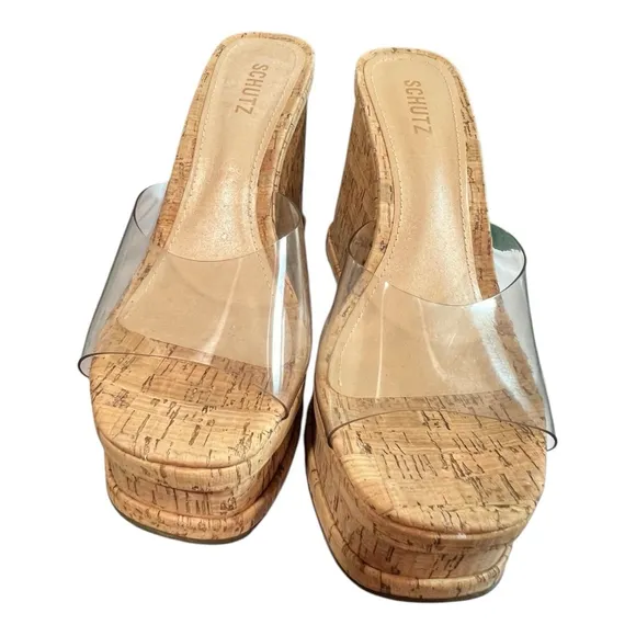 Schutz Size 10.5 Women's Dalle Vinyl Cutout Platform Wedge Sandals Cork NEW
