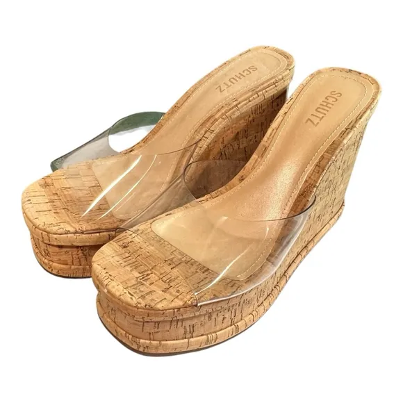 Schutz Size 10.5 Women's Dalle Vinyl Cutout Platform Wedge Sandals Cork NEW