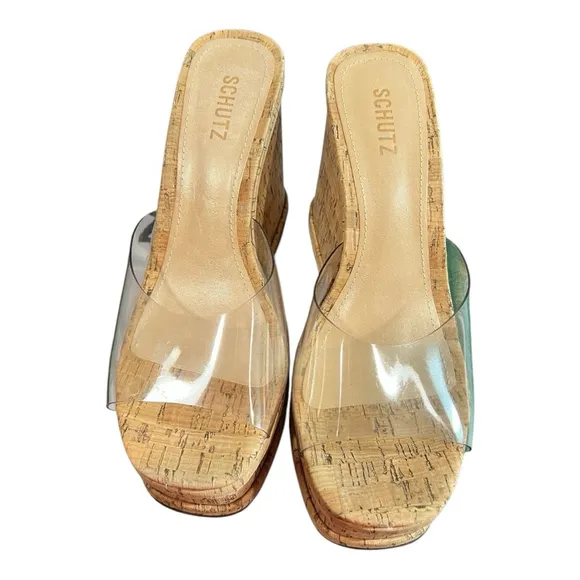 Schutz Size 10.5 Women's Dalle Vinyl Cutout Platform Wedge Sandals Cork NEW