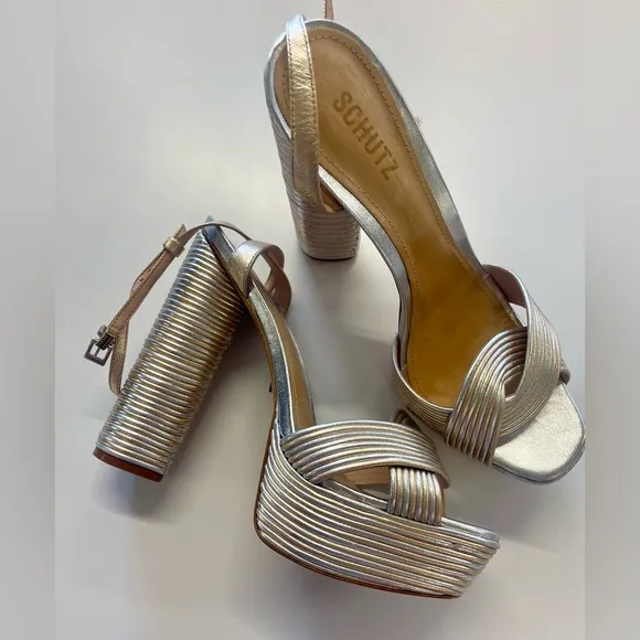 SCHUTZ Women’s Metallic Silver Gold Panelled Platform Leather Sandals sz 11
