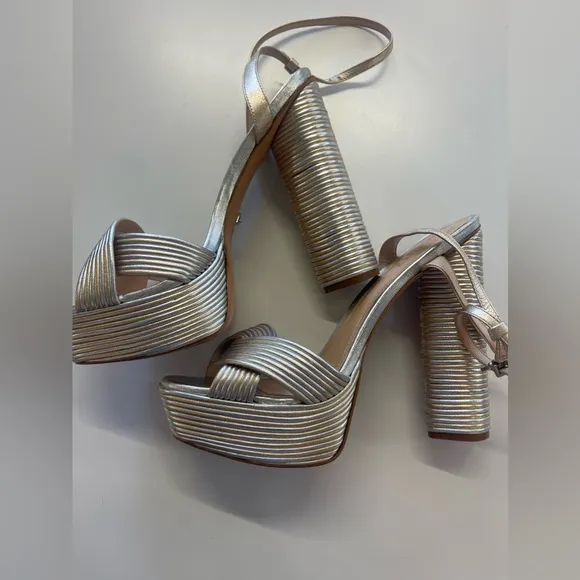 SCHUTZ Women’s Metallic Silver Gold Panelled Platform Leather Sandals sz 11