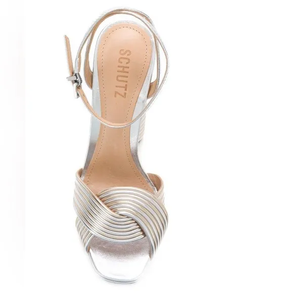 SCHUTZ Women’s Metallic Silver Gold Panelled Platform Leather Sandals sz 11