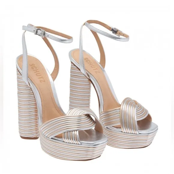 SCHUTZ Women’s Metallic Silver Gold Panelled Platform Leather Sandals sz 11