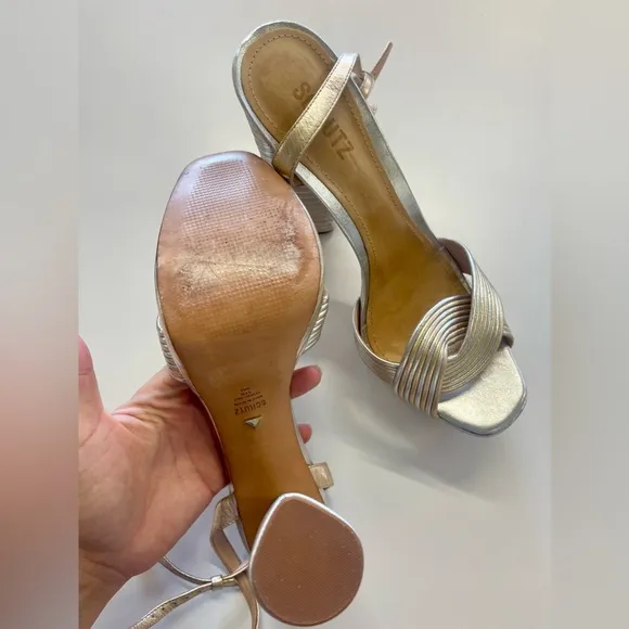 SCHUTZ Women’s Metallic Silver Gold Panelled Platform Leather Sandals sz 11