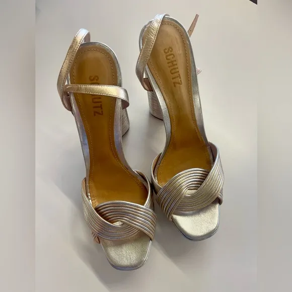 SCHUTZ Women’s Metallic Silver Gold Panelled Platform Leather Sandals sz 11