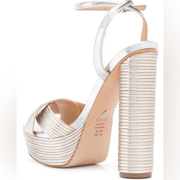 SCHUTZ Women’s Metallic Silver Gold Panelled Platform Leather Sandals sz 11