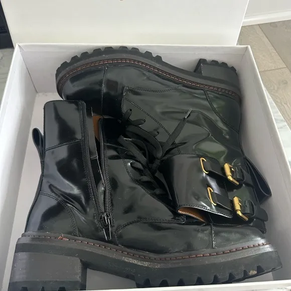 See by Chloé Women's Mallory Block-Heel Leather Combat Boots Size 39