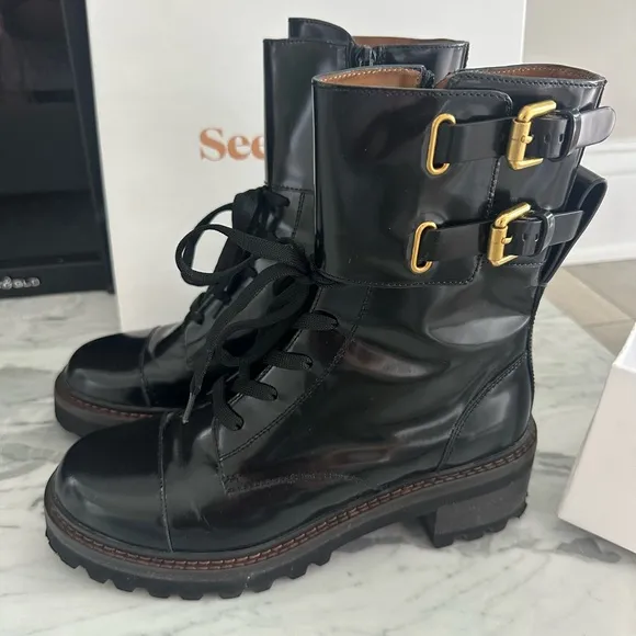 See by Chloé Women's Mallory Block-Heel Leather Combat Boots Size 39