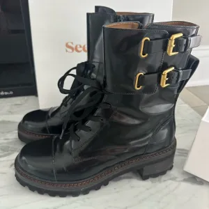 See by Chloé Women's Mallory Block-Heel Leather Combat Boots Size 39
