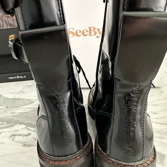 See by Chloé Women's Mallory Block-Heel Leather Combat Boots Size 39