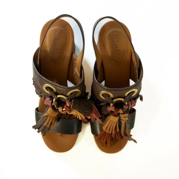 See by Chloe Brown Leather Fringe Block Heel Sandals Boho Womens 38 US 8