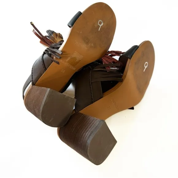 See by Chloe Brown Leather Fringe Block Heel Sandals Boho Womens 38 US 8