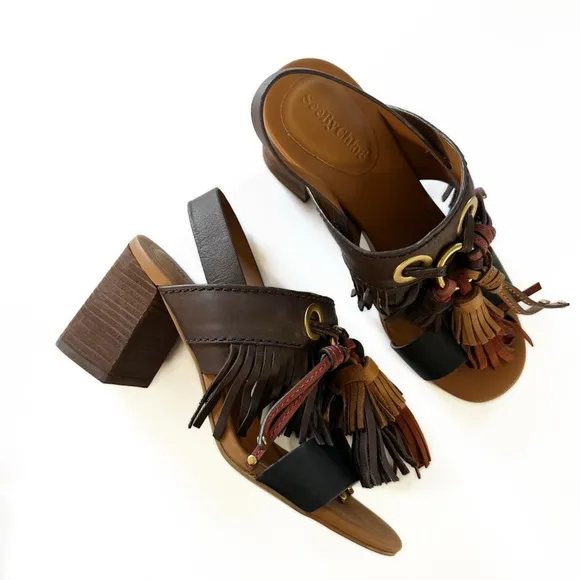 See by Chloe Brown Leather Fringe Block Heel Sandals Boho Womens 38 US 8