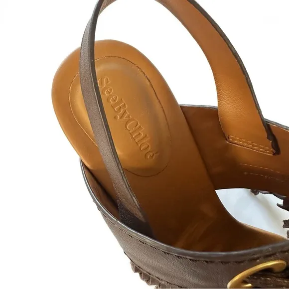 See by Chloe Brown Leather Fringe Block Heel Sandals Boho Womens 38 US 8