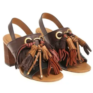 See by Chloe Brown Leather Fringe Block Heel Sandals Boho Womens 38 US 8