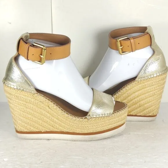 See by Chloe Women's Glyn EU38 US7,5 Gold Platform Espadrille Wedge Sandals