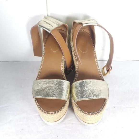 See by Chloe Women's Glyn EU38 US7,5 Gold Platform Espadrille Wedge Sandals