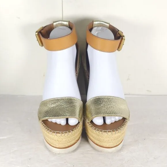 See by Chloe Women's Glyn EU38 US7,5 Gold Platform Espadrille Wedge Sandals