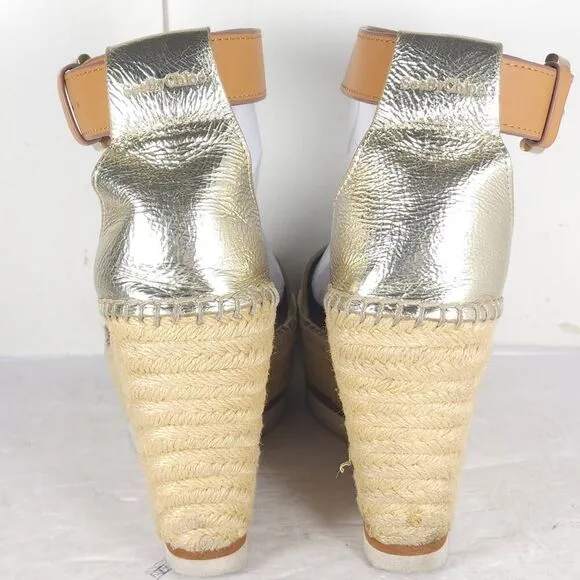 See by Chloe Women's Glyn EU38 US7,5 Gold Platform Espadrille Wedge Sandals